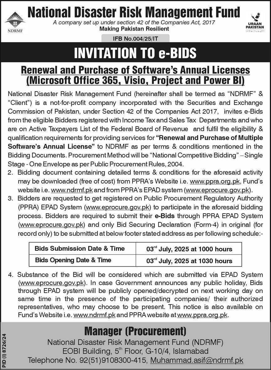 National Disaster Risk Management Fund Islamabad Tender Notice